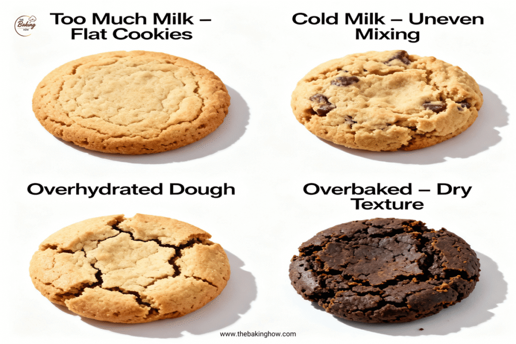Collage showing common milk-related baking mistakes like too much milk, cold milk, sticky dough, and overbaked cookies.