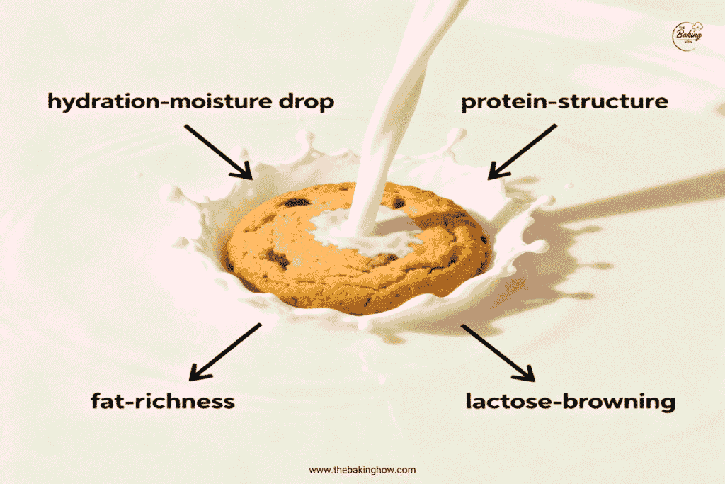 Infographic showing milk’s four main roles in cookies — hydration, protein structure, fat richness, and lactose browning