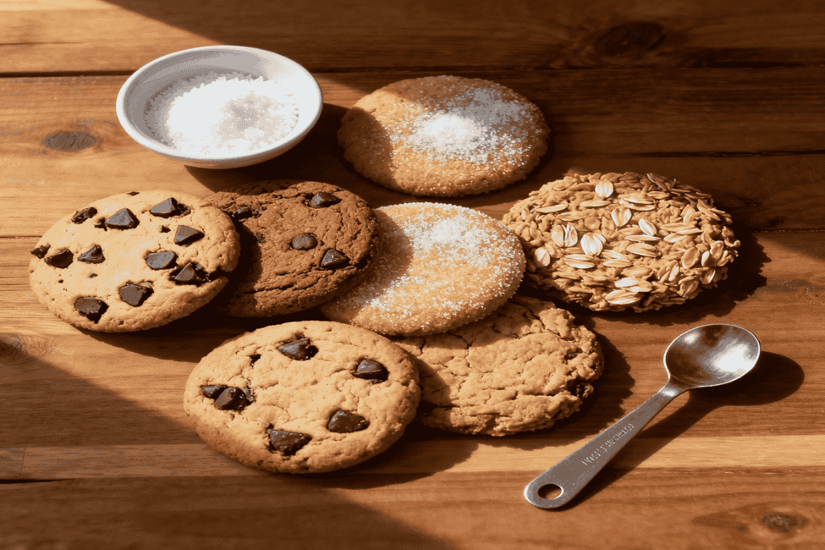 Bowl of salt and assorted cookies showing the role of salt in cookies