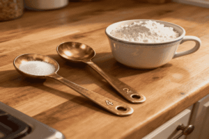 Measuring spoons with salt and flour showing correct amount for cookies