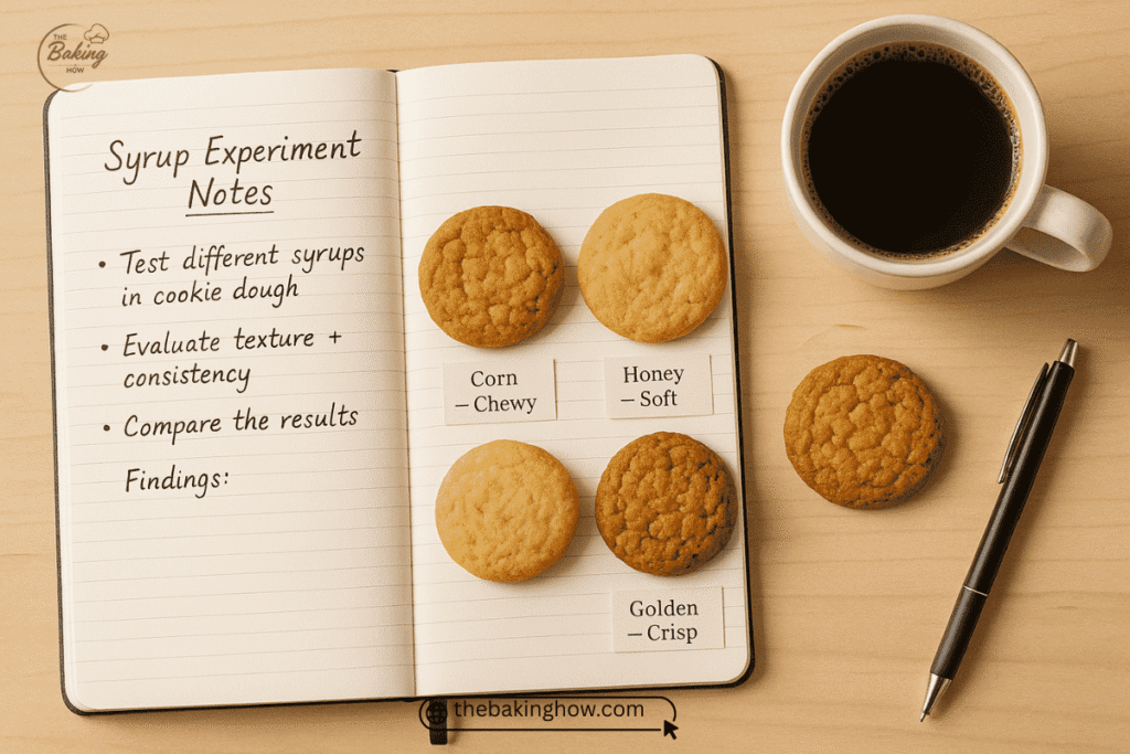 Baker’s notebook with syrup experiment notes and sample cookies.