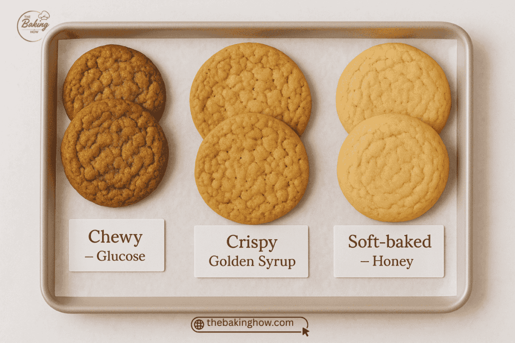 Baking table showing labeled syrup jars and substitution chart for cookies