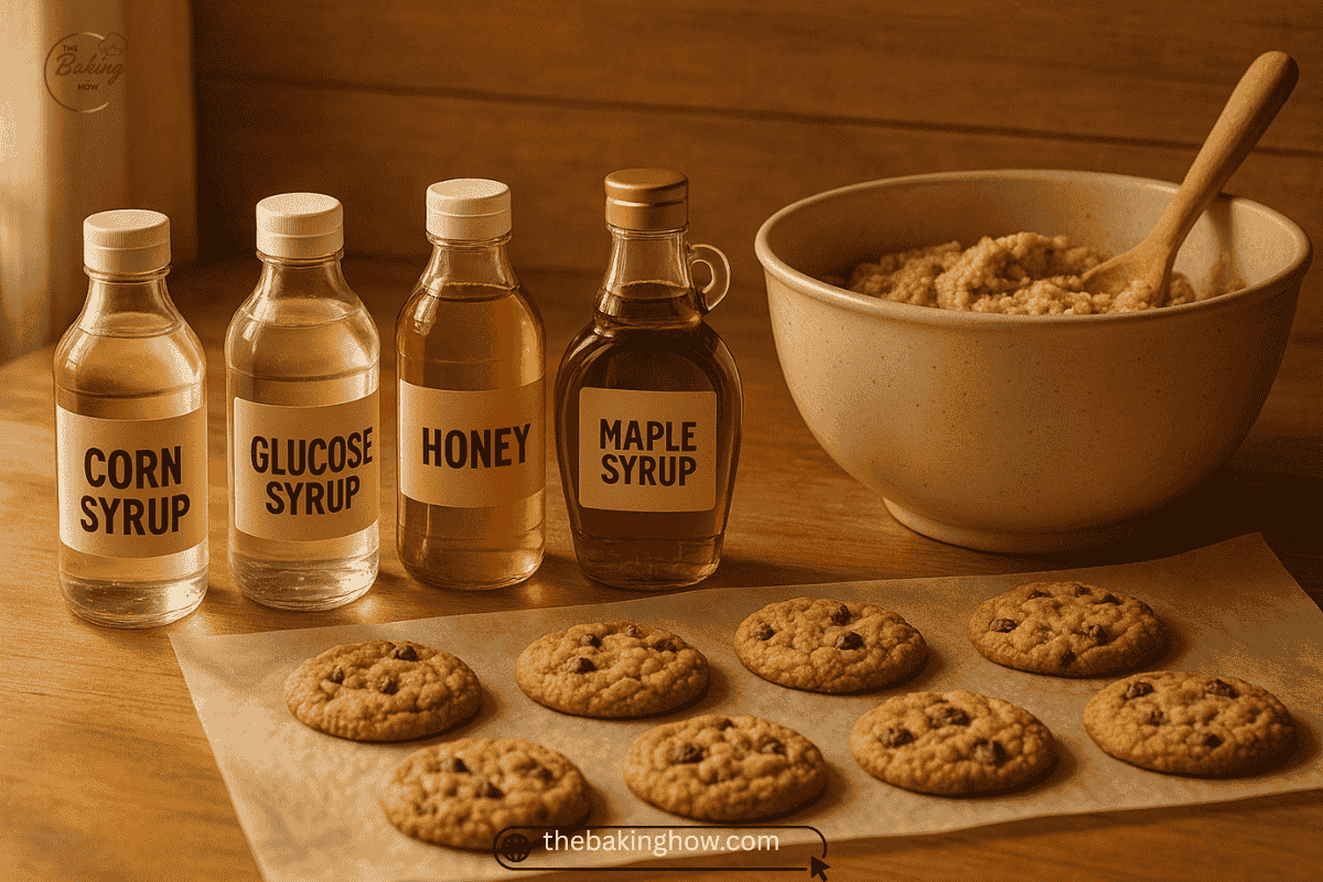 Baking setup showing different syrups in cookie and dough ingredients on a wooden counter