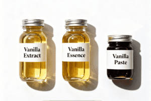 Jars of vanilla extract, vanilla essence, and vanilla bean paste side by side – best vanilla for cookies