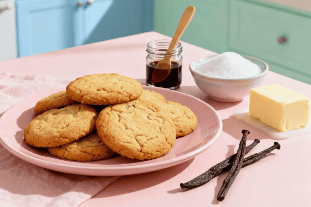 Freshly baked cookies with vanilla extract bottle and vanilla beans on a wooden table – showing the role of vanilla in cookies