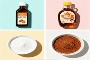 Bowls of almond extract, maple syrup, and vanilla sugar on a kitchen counter – substitutes for vanilla in cookies