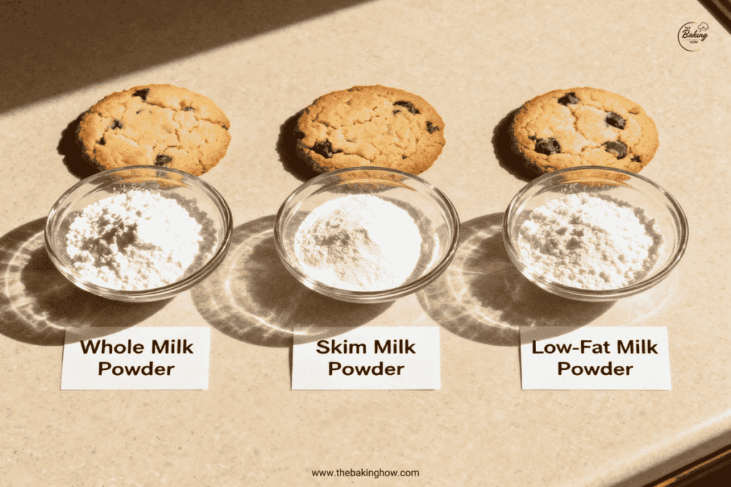 Three bowls of whole, skim, and low-fat milk powder beside baked cookies showing how fat content affects cookie texture.