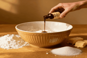 Mixing cookie dough with vanilla extract being poured in – why add vanilla to cookies
