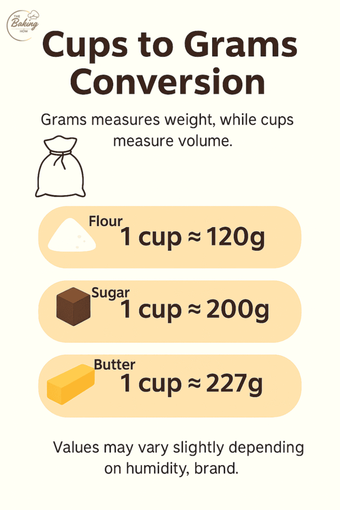Infographic showing cups to grams conversions for baking ingredients including flour, sugar, and butter, with icons and quick reference values — created by The Baking How.