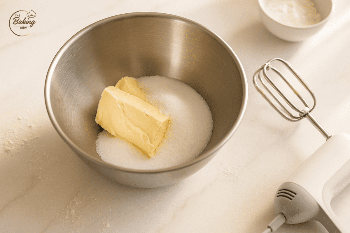 Mixing bowl with softened butter and sugar ready for how to cream butter and sugar
