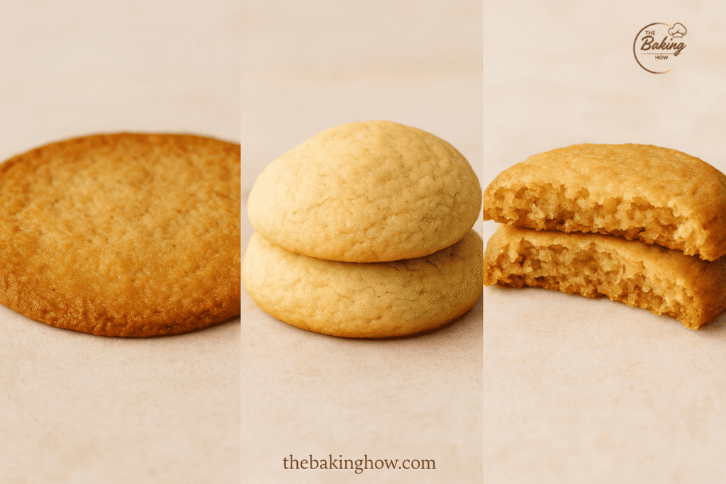 Crispy, soft, and chewy cookies side by side showing how creaming butter and sugar changes cookie texture.