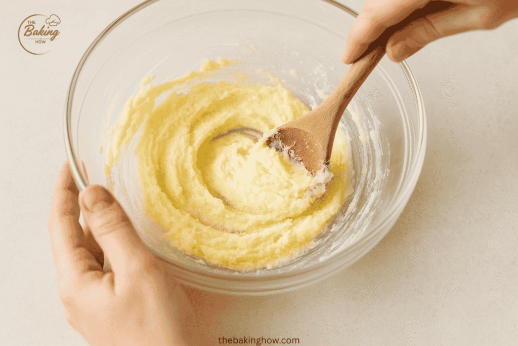 Person creaming softened butter and sugar by hand with a wooden spoon.
