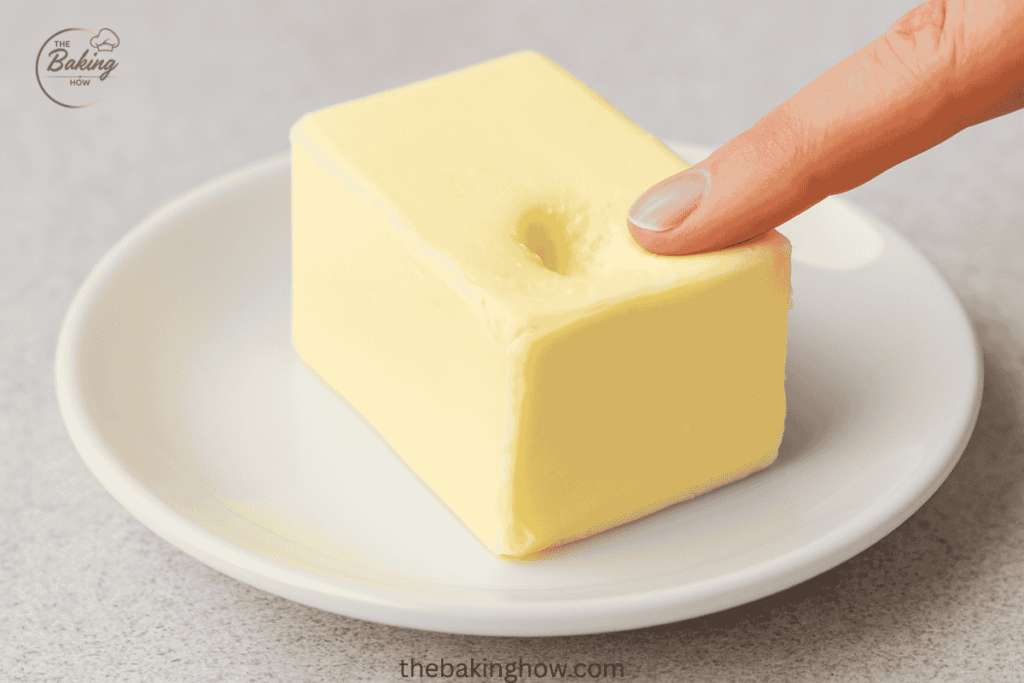 Softened butter showing slight finger indentation indicating ideal creaming temperature.