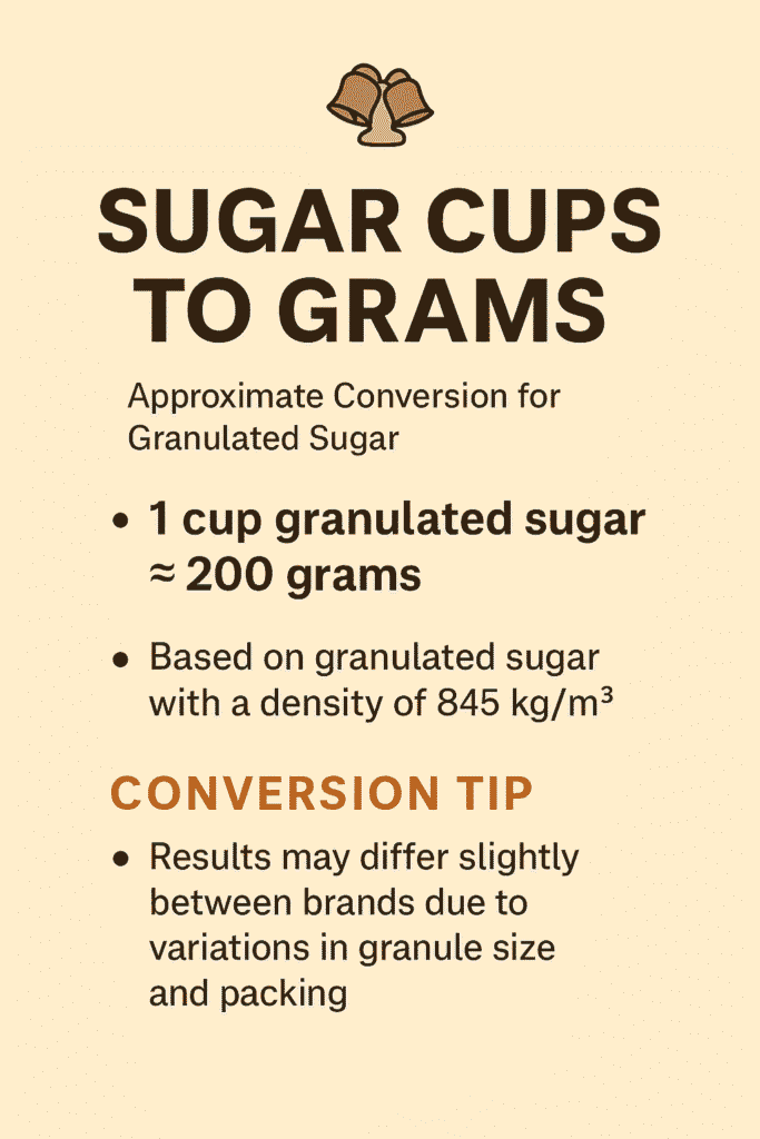 Sugar cups to grams conversion chart infographic for granulated sugar, showing 1 cup equals 200 grams.”