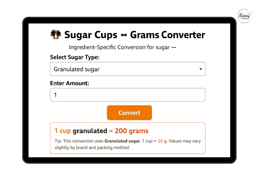 Screenshot of Sugar Cups to Grams Converter showing granulated sugar calculation with baking-accurate result
