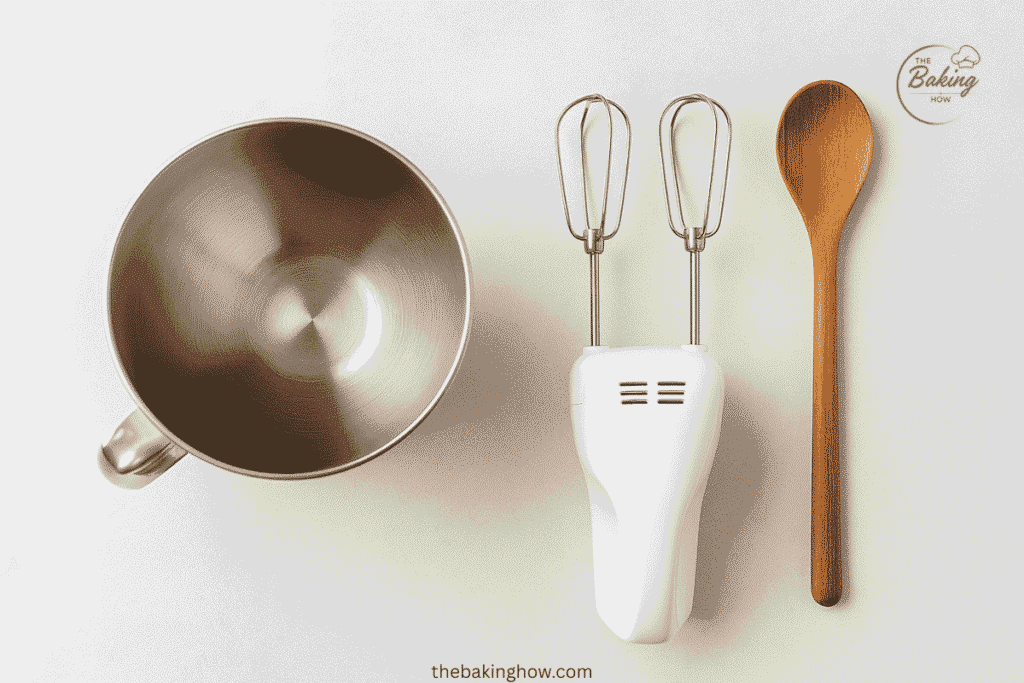 Tools used for creaming butter and sugar including a stand mixer, hand mixer, and wooden spoon.