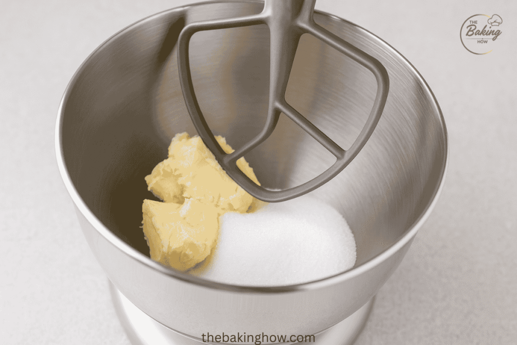 Softened butter and granulated sugar in a stand mixer bowl before creaming.